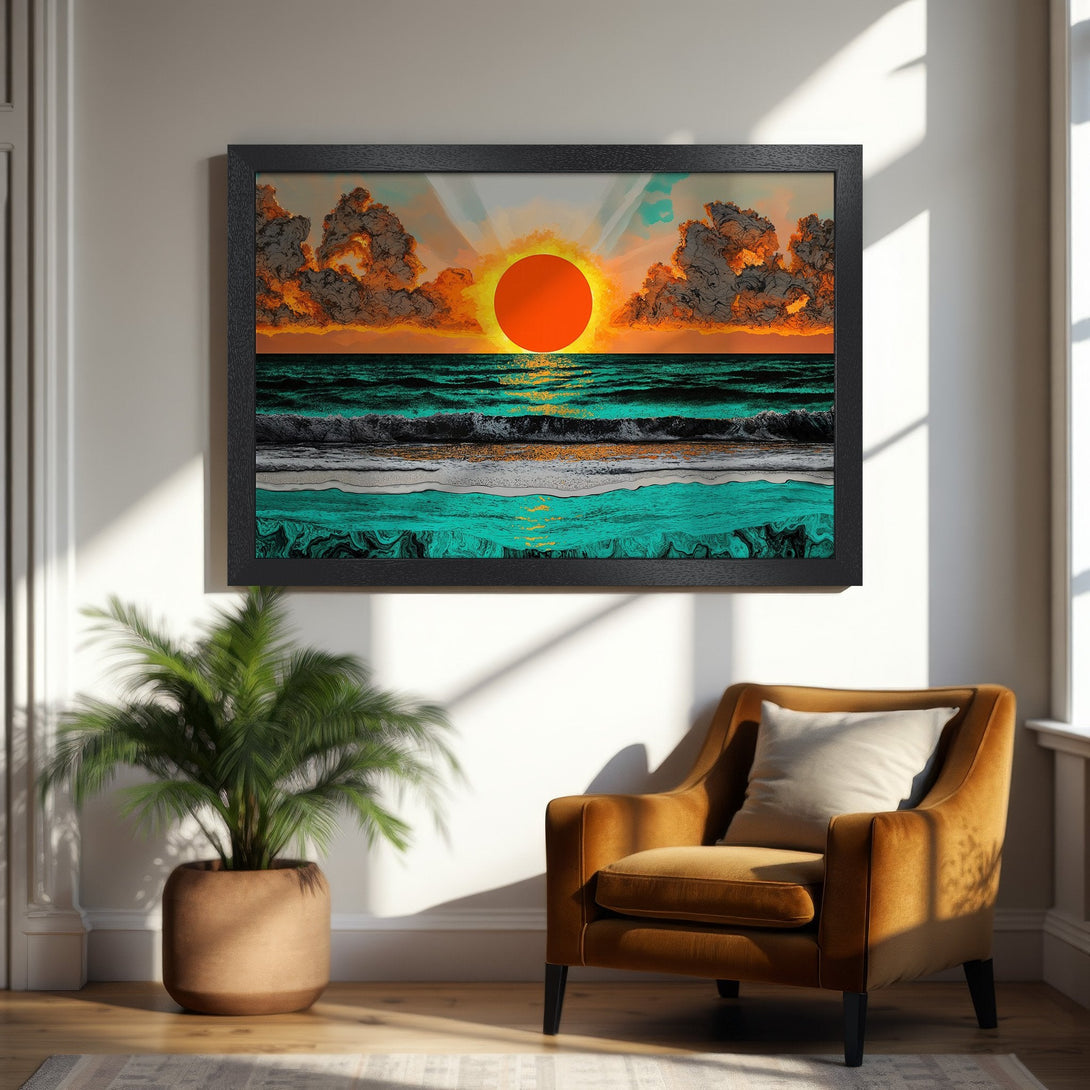 Framed Poster featuring a vibrant sunset over the ocean. Artistic style with orange, teal, and black color palette. Perfect wall art!