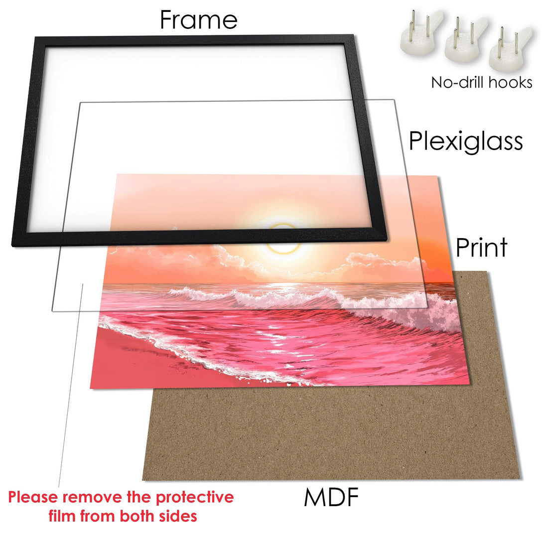 Framed Poster of a beach scene in pink and orange hues. Modern art style, perfect for home decor.