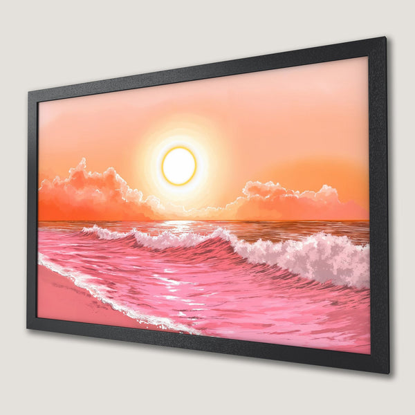Framed Poster of a pink ocean sunset. Artistic style, warm orange and pink color palette. Perfect wall art for your home.