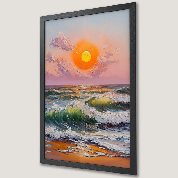 Framed Poster of a vibrant ocean sunset painting. Impasto style with warm orange, green, and blue color palette. Bring coastal vibes to your home!
