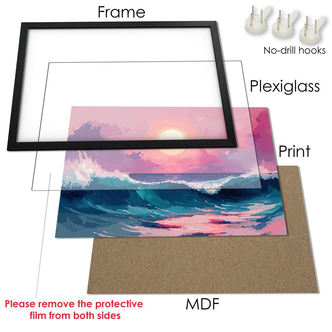 Framed Poster of ocean waves with pink sunset, artistic style, blue and pink color palette. Perfect wall art!