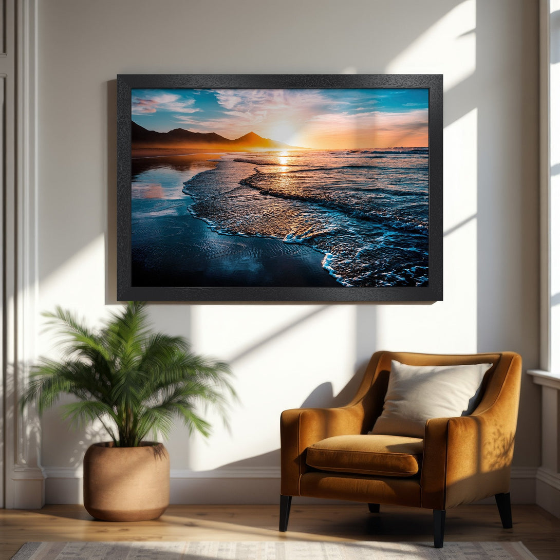 Framed Poster featuring a stunning beach sunset. Coastal art with vibrant blues, oranges, and yellows. Perfect wall decor for any space.