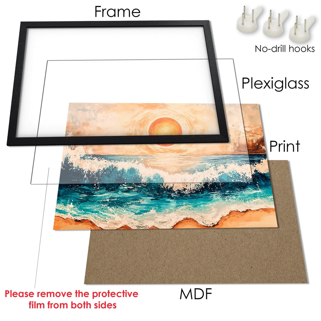 Framed Poster of a beach scene in warm tones. Coastal art print perfect for your home decor.