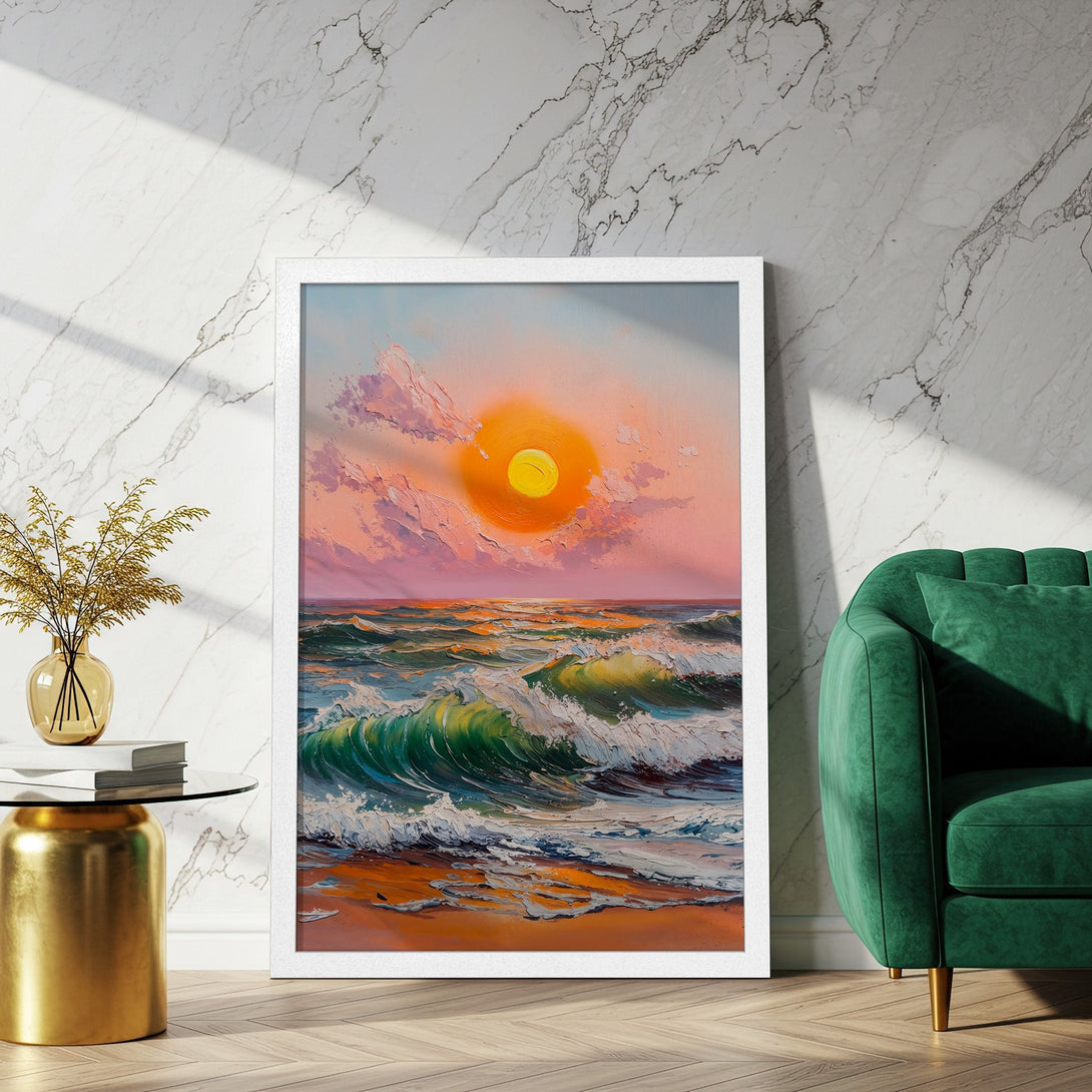 Framed Poster featuring a vibrant ocean sunset painting. Impressionistic style with warm orange, pink, and green hues. Perfect wall art for your home.