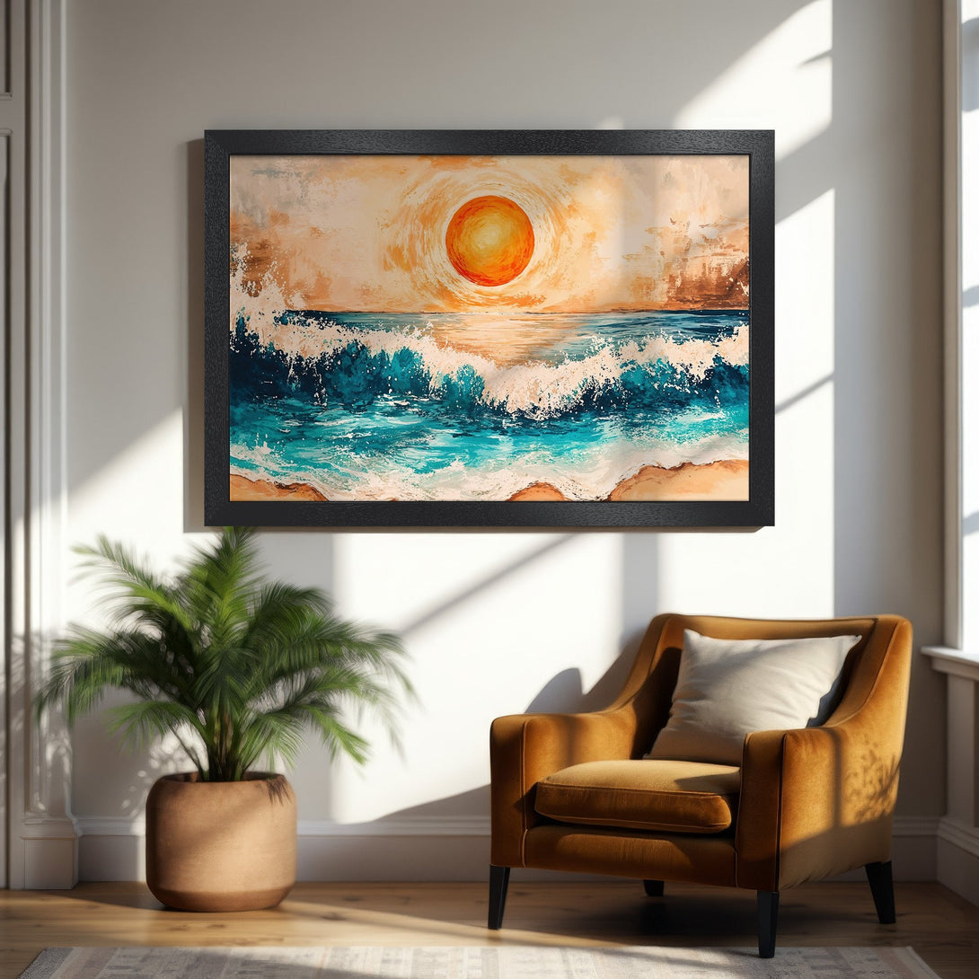 Framed Poster of a vibrant ocean sunset. Abstract style, warm orange and teal color palette. Perfect coastal decor.