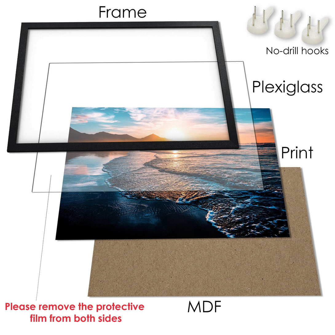 Framed Poster of a beach sunset. Serene style with blue, orange, and white color palette. Perfect wall art for your home.