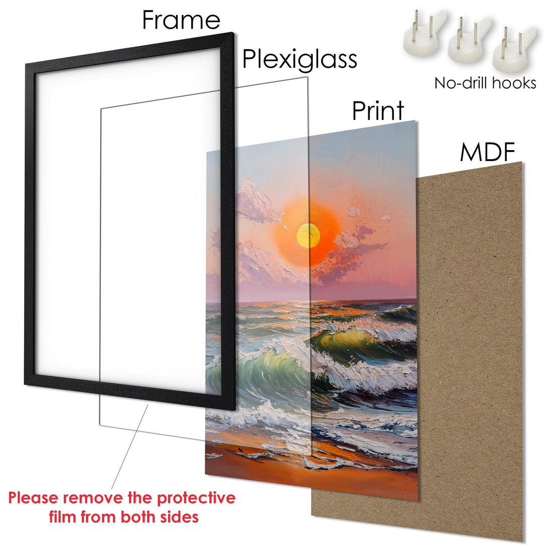 Framed Poster: Coastal sunset art print in warm orange and blue tones. Perfect wall decor.