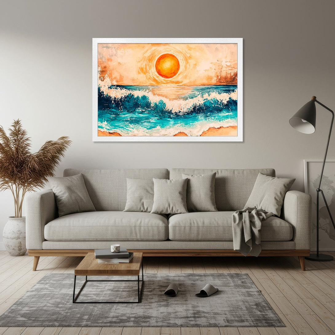 Framed Poster of a vibrant sunset over ocean waves. Abstract style, warm orange, teal, and white color palette. Perfect wall art!