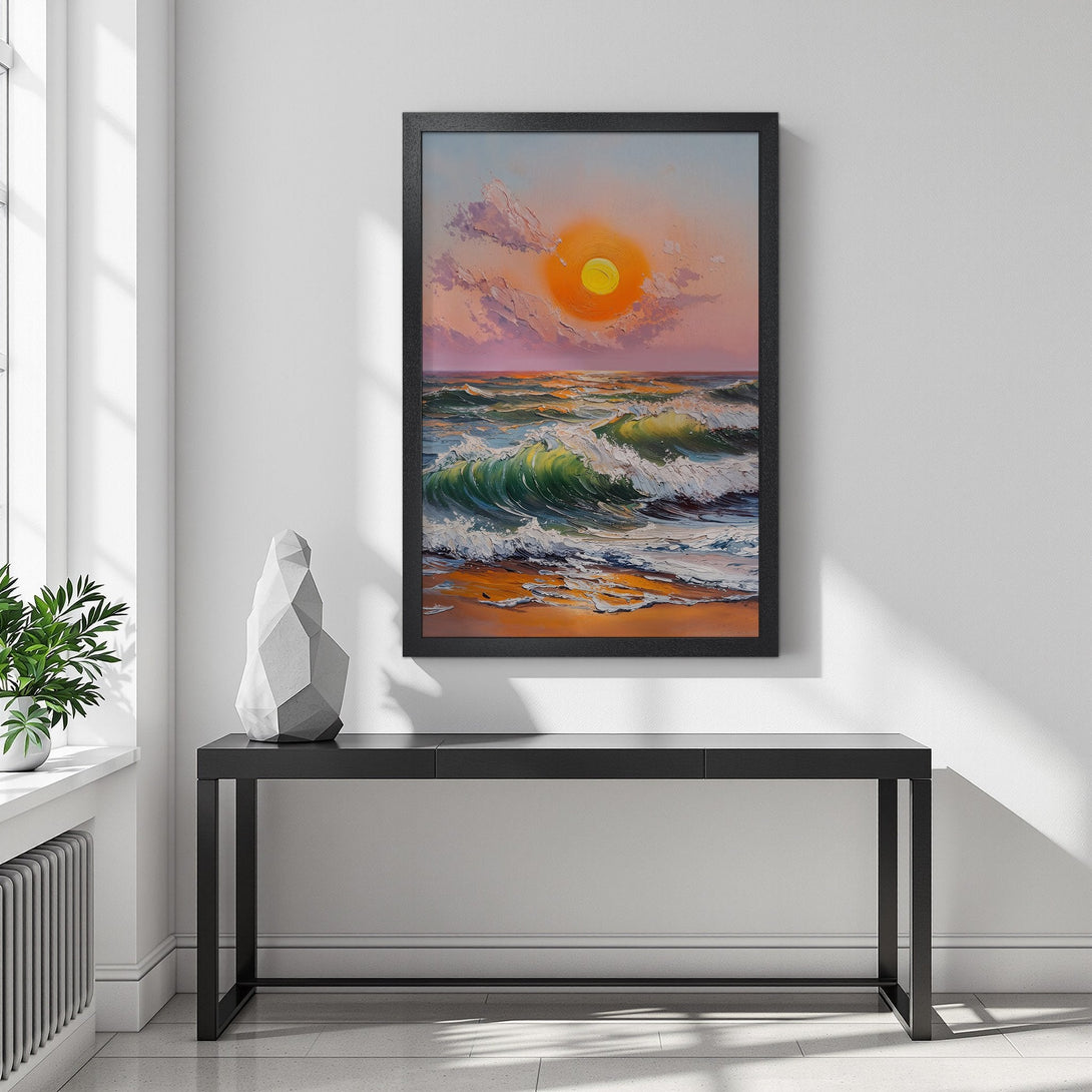 Framed Poster of a sunset over ocean waves, painted in an impressionistic style with a warm, vibrant color palette. Perfect wall art!