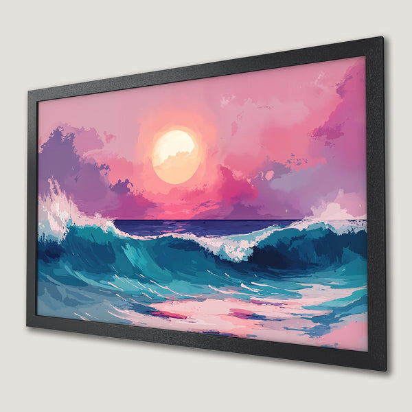 Framed Poster: Ocean waves art print with sunset sky, vibrant pink & blue color palette. Modern wall decor.