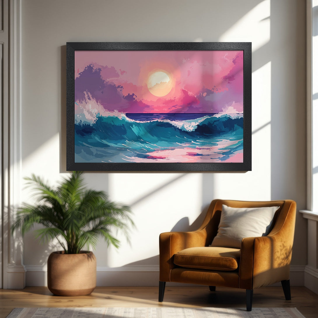 Framed Poster of a vibrant ocean sunset in a painterly style, featuring pinks, purples, and blues. Perfect wall art for your home!