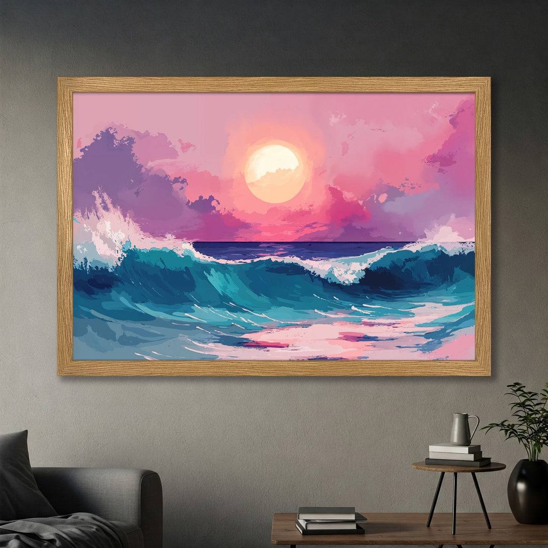 Framed Poster featuring a vibrant sunset ocean scene. Artistic style with pink, purple, and teal hues. Perfect wall art for any space!