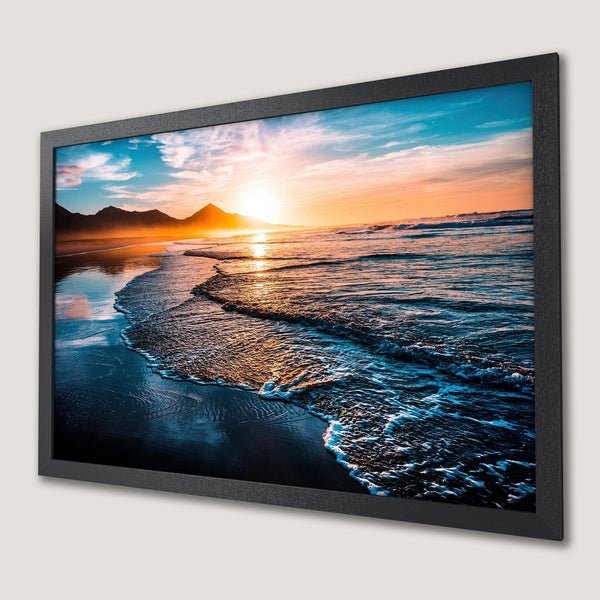 Framed Poster featuring a stunning beach sunset. Vibrant colors and a calming style. Perfect wall art!