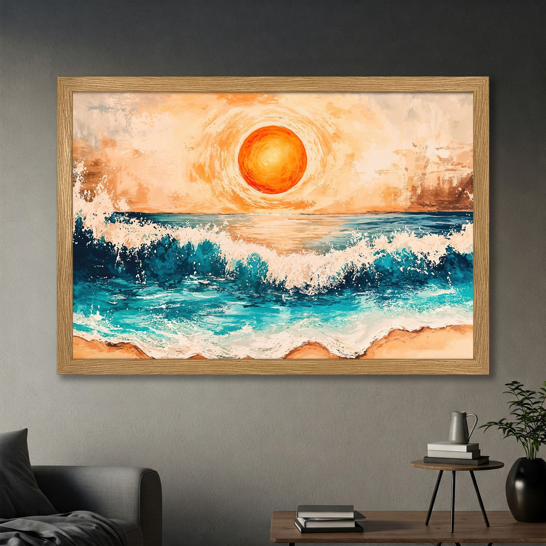 Framed Poster of a vibrant ocean sunset painting. Features bold brushstrokes, warm orange and cool teal color palette, perfect for coastal decor.
