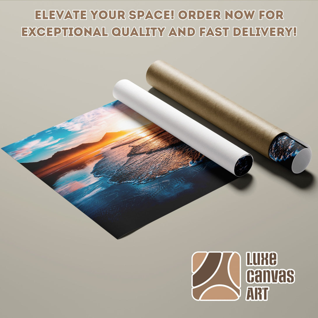 Poster Roll featuring a vibrant beach sunset scene, warm orange and blue hues. Order now!