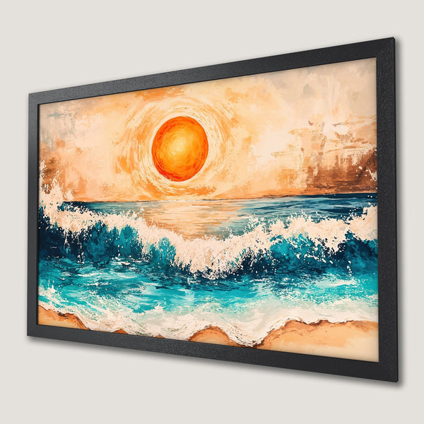 Framed Poster of a vibrant ocean sunset painting in a warm color palette. Perfect wall art for a coastal vibe.