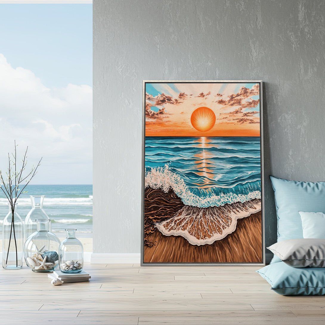 Framed Wall Art: Coastal sunset scene in orange, blue, and brown. Bring the beach vibes home with this stunning canvas print!