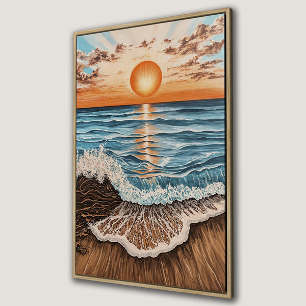 Framed Wall Art: Ocean sunset painting with warm orange, blue, and brown tones. Coastal art print perfect for adding a touch of serenity to your home decor.