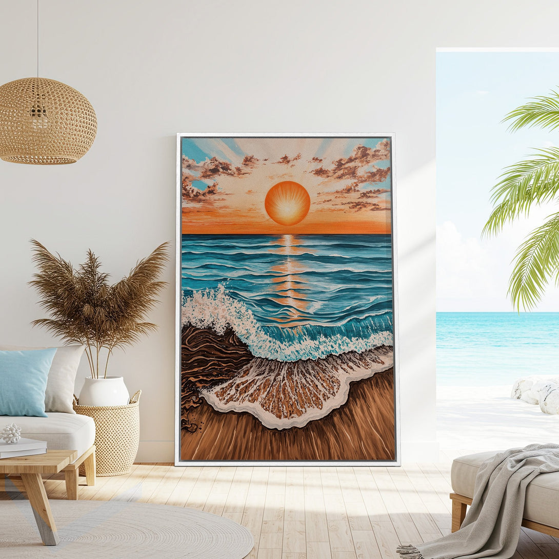 Framed Wall Art: Coastal sunset painting in blue, orange, and brown. Perfect beach decor for a relaxing vibe. Shop our Canvas Print collection today!
