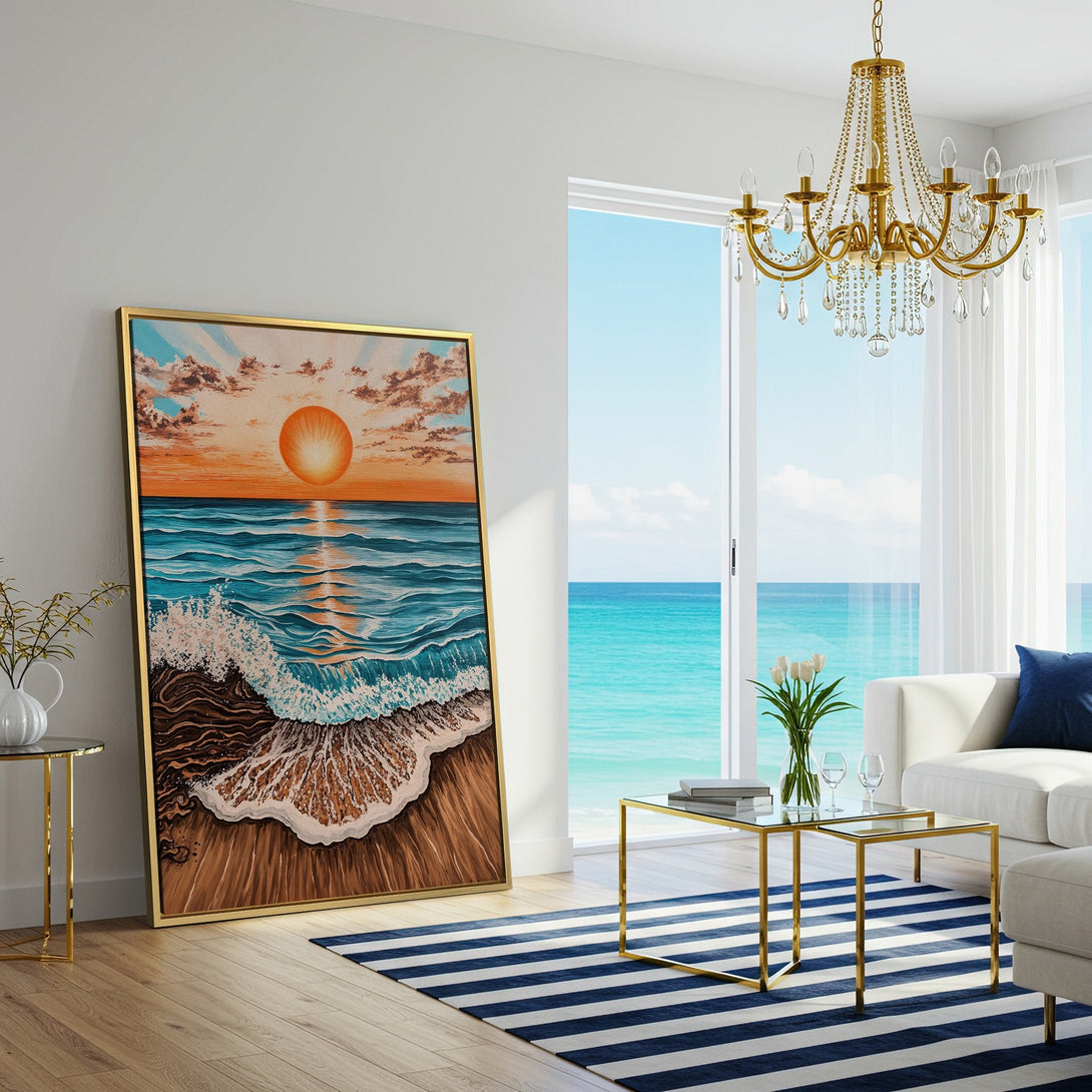 Canvas Print of a sunset seascape in warm orange and blue hues, displayed in a bright, modern living room.