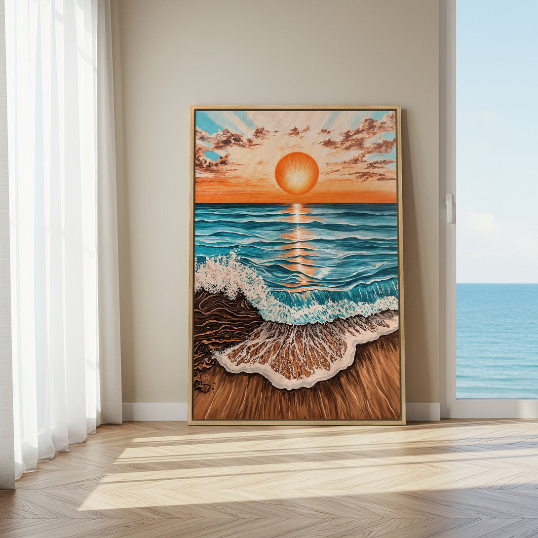 Framed Wall Art: Coastal sunset scene in warm orange, blue, and brown tones. Modern art canvas print perfect for any room.