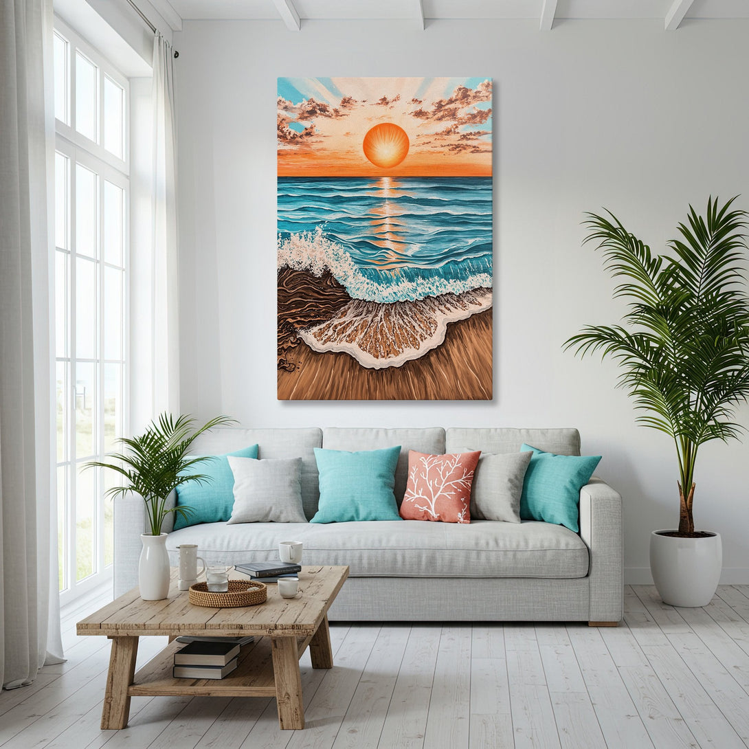 Framed Wall Art: Coastal sunset painting in a modern living room. Warm orange, blue, and brown color palette. Perfect for beach house decor.