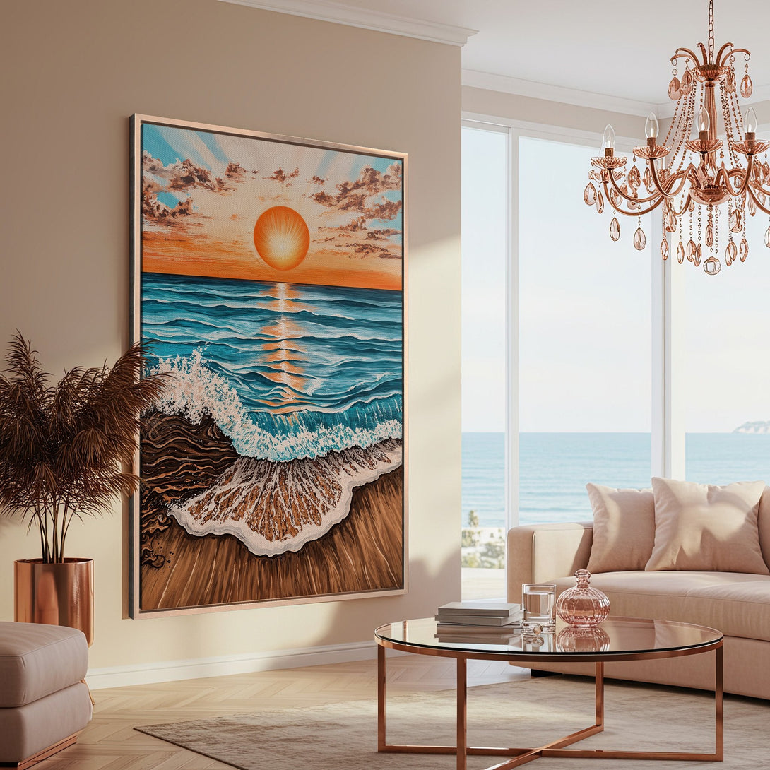 Framed Wall Art of a sunset over the ocean in a coastal style. Warm orange, blue, and brown color palette creates a serene and inviting atmosphere.