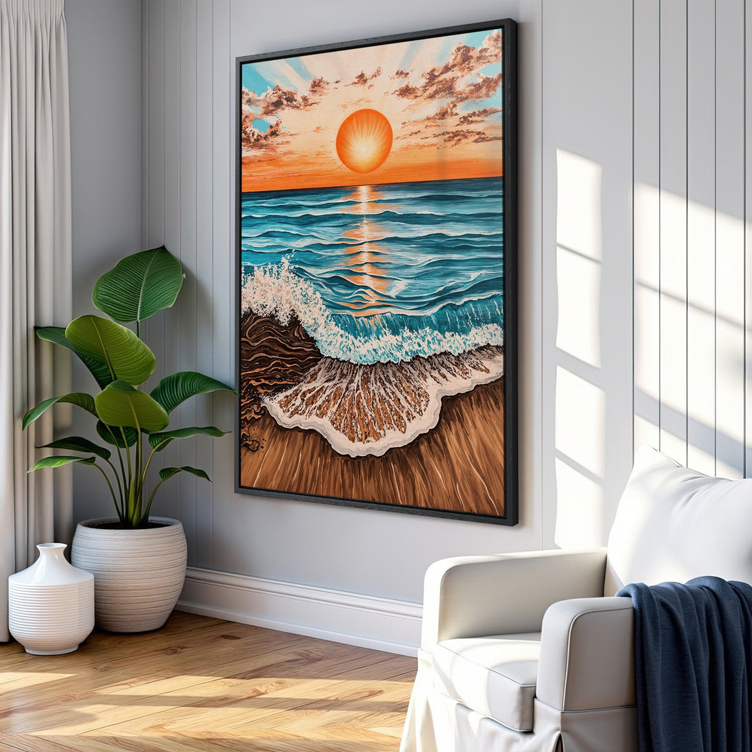 Framed Wall Art: Stunning sunset over the ocean canvas print, featuring vibrant orange, blue, and brown hues. Perfect coastal decor for any room!