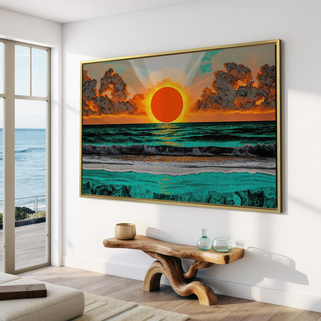 Canvas Print of a vibrant sunset over the ocean. Artistic style with warm orange, teal, and gray tones. Perfect wall art for a coastal vibe.