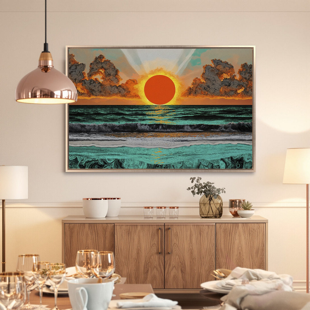 Framed Wall Art: Sunset over ocean canvas print in warm orange and teal tones. Modern art for your home decor.