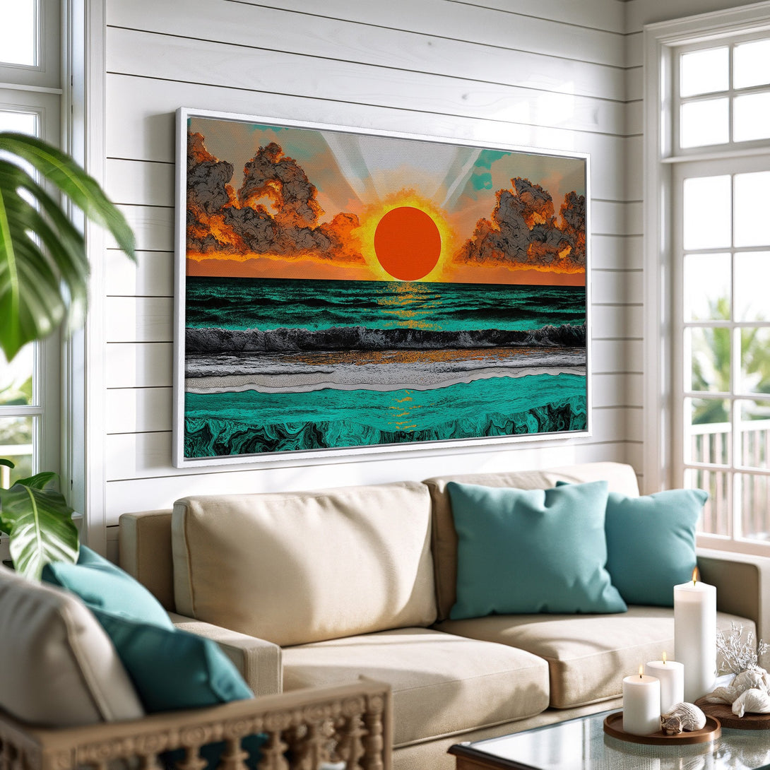 Framed Wall Art: Sunset over ocean canvas print in a living room. Features vibrant orange, teal, and black colors. Coastal, modern style.
