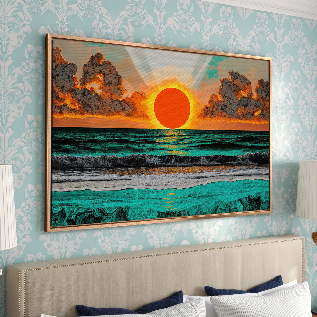Framed Wall Art featuring a vibrant sunset over the ocean. Modern style with a warm orange, teal, and gray color palette. Perfect bedroom decor.