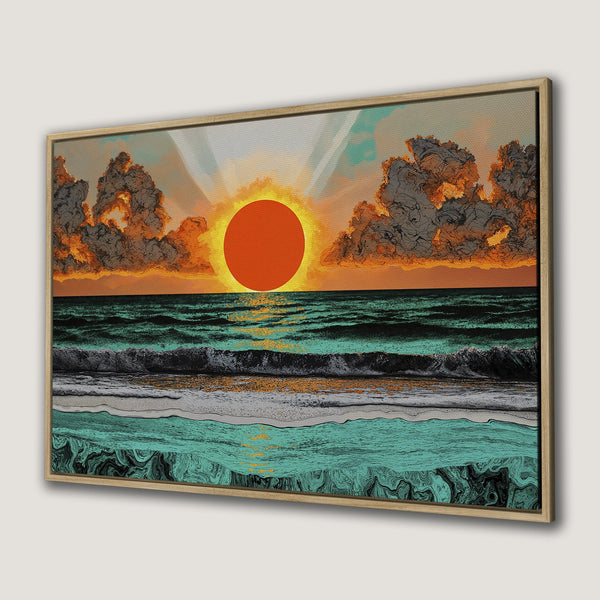 Framed Wall Art of a sunset over the ocean. Abstract style with a warm orange, teal, and black color palette. Perfect for coastal decor.