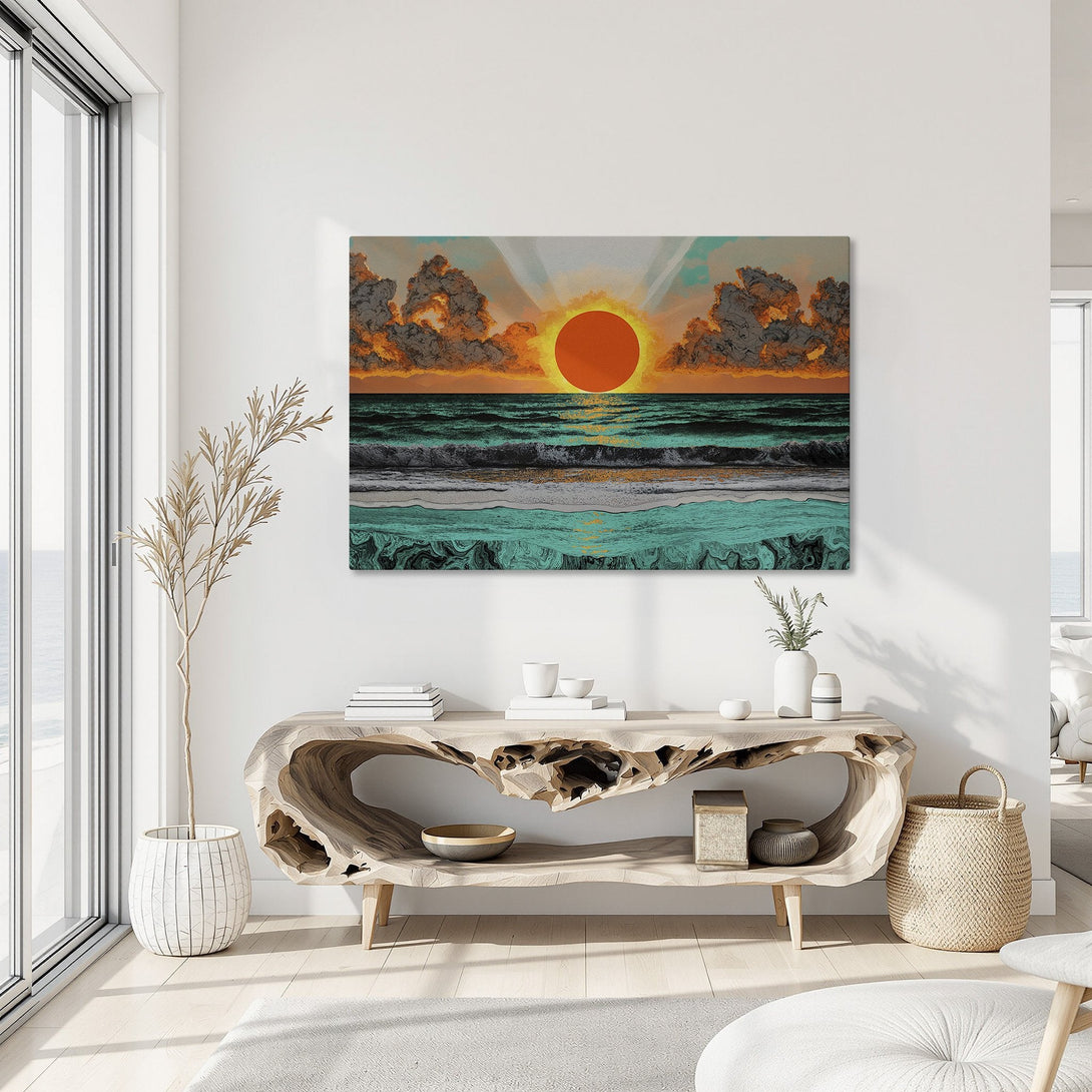 Framed Wall Art Canvas Print of a vibrant sunset over the ocean. Features a bold, stylized design with orange, teal, and black hues, perfect for coastal decor.