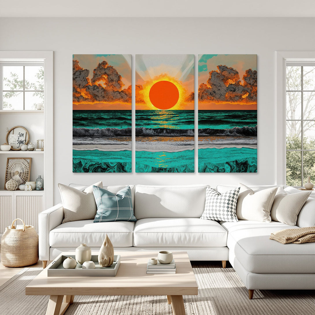 Canvas Print of a vibrant sunset over the ocean. Modern style with teal, orange, and black color palette. Perfect wall art for coastal decor.