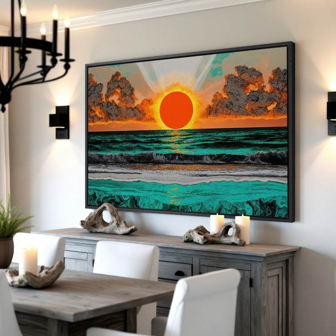 Framed Wall Art: Sunset over ocean in orange, teal, and gray. Coastal canvas print adds a pop of color and style to any room.