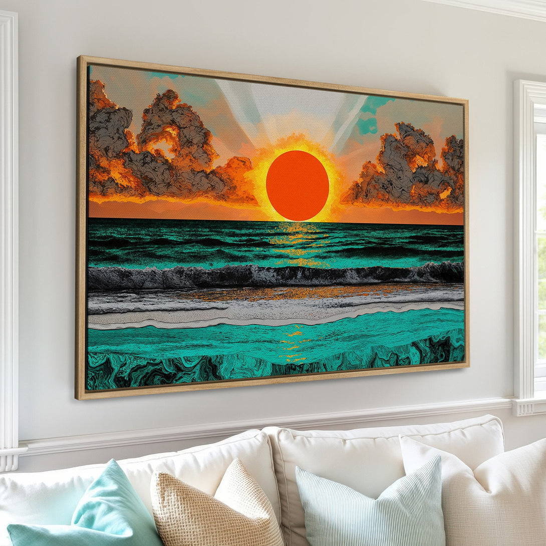 Framed Wall Art: Vibrant sunset over ocean canvas print. Abstract style with orange, teal, and grey color palette. Perfect coastal decor for your home.