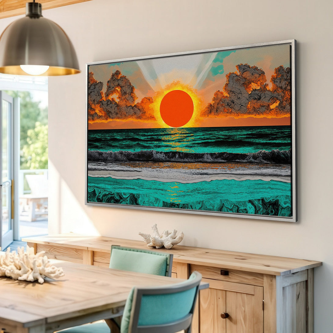 Framed Wall Art: Vibrant sunset over ocean canvas print. Bold orange, teal, and black color palette. Modern coastal art for your home.