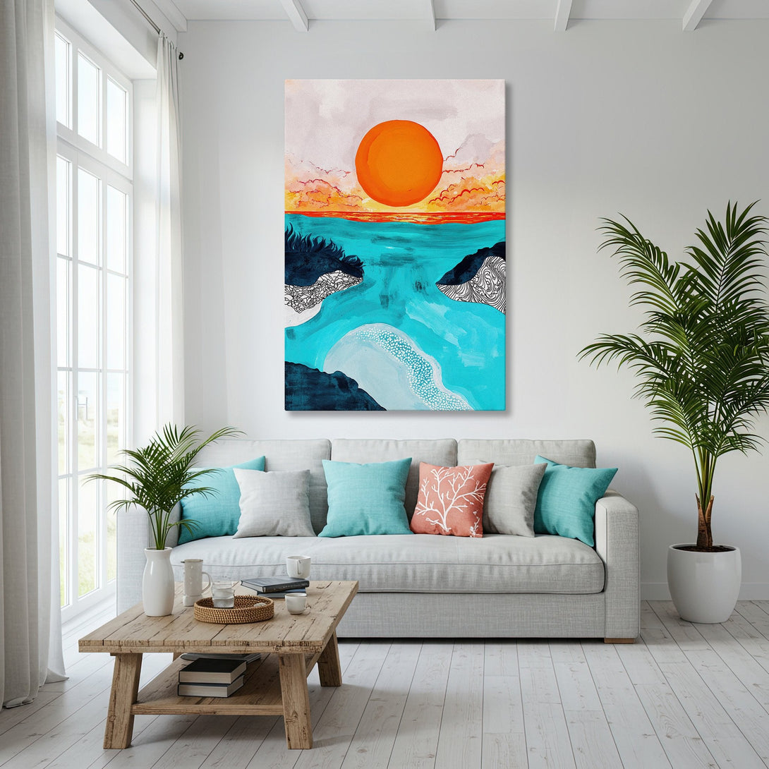 Framed Wall Art: Abstract seascape canvas print with orange sun, turquoise water, and gold frame, displayed in a modern coastal living room.