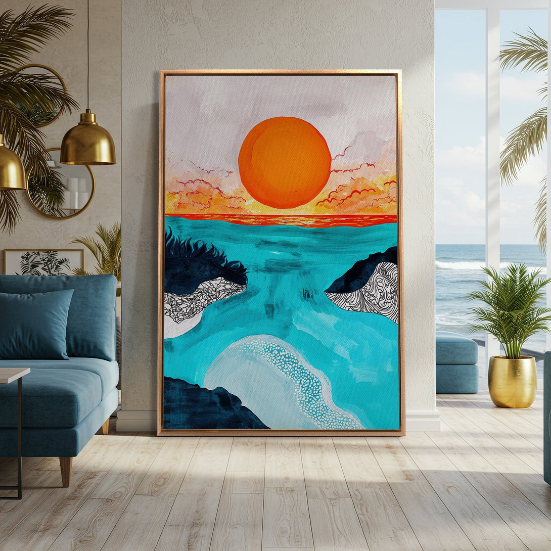 Framed Wall Art: Abstract sunset over ocean in turquoise, orange, and white. Modern canvas print adds a pop of color to any room. Shop now!