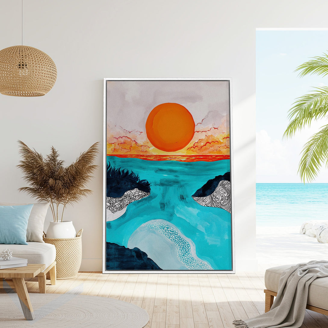 Framed Wall Art featuring an abstract beach scene with a vibrant orange sun, turquoise water, and a modern, colorful palette. Perfect for coastal decor!