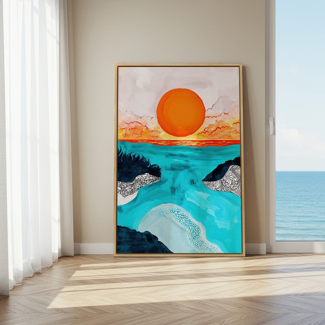 Framed Wall Art: Abstract sunset canvas print with vibrant turquoise, orange, and navy colors. Perfect for coastal decor. Shop now!