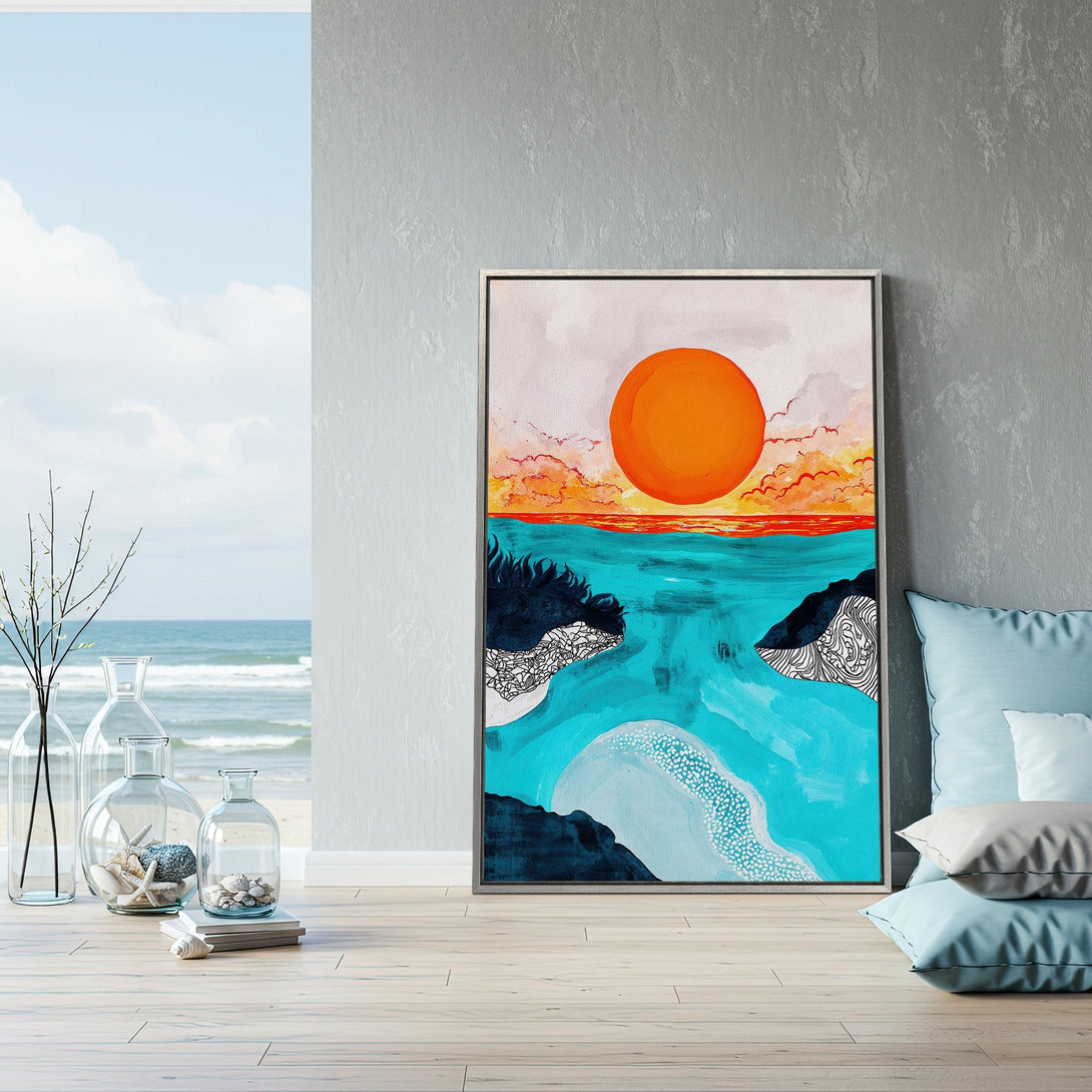 Framed Wall Art featuring an abstract sunset over the ocean. Vibrant turquoise and orange color palette. Perfect coastal decor!