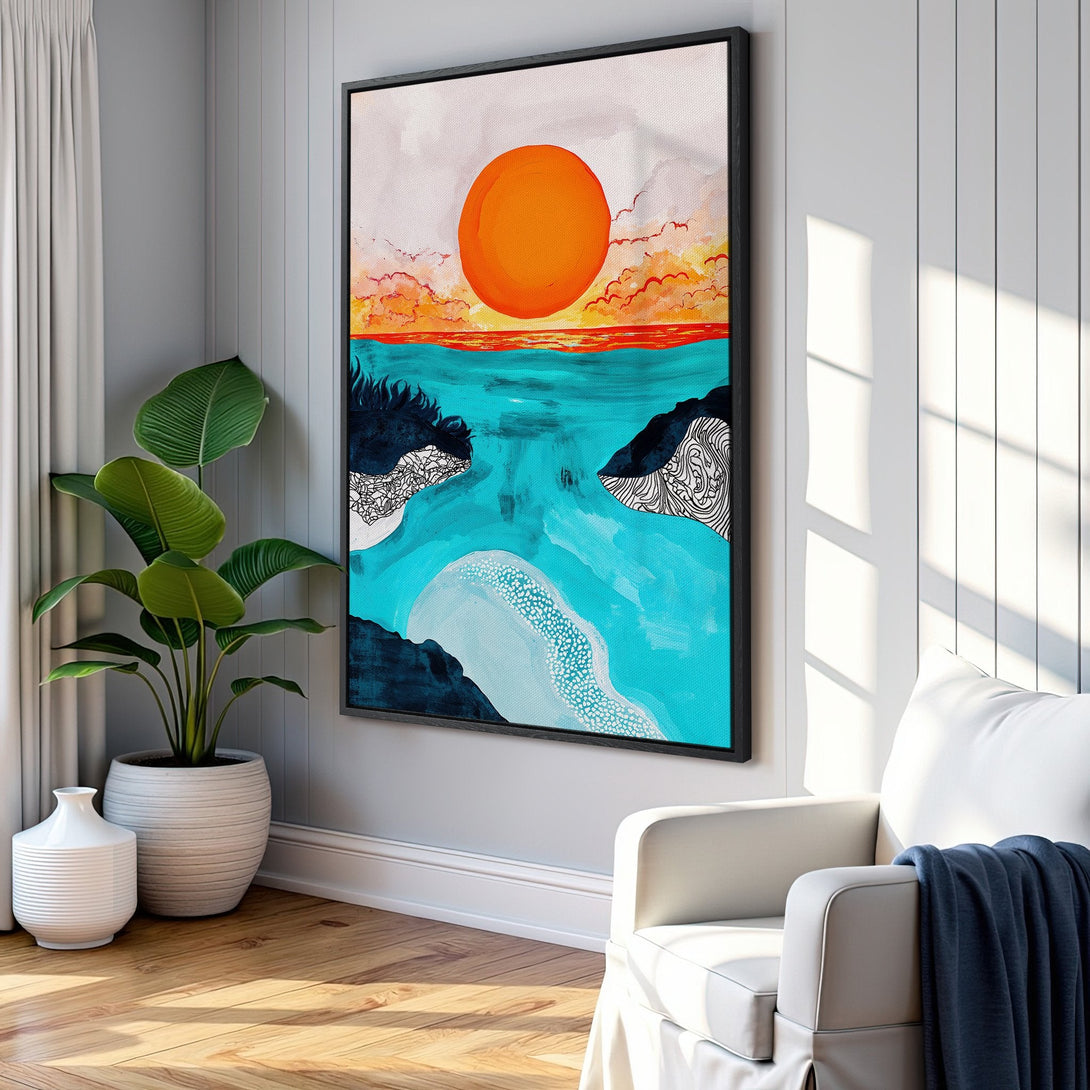 Framed Wall Art: Abstract seascape canvas print with vibrant orange sunset, turquoise water, and modern, minimalist style. Perfect for coastal decor.