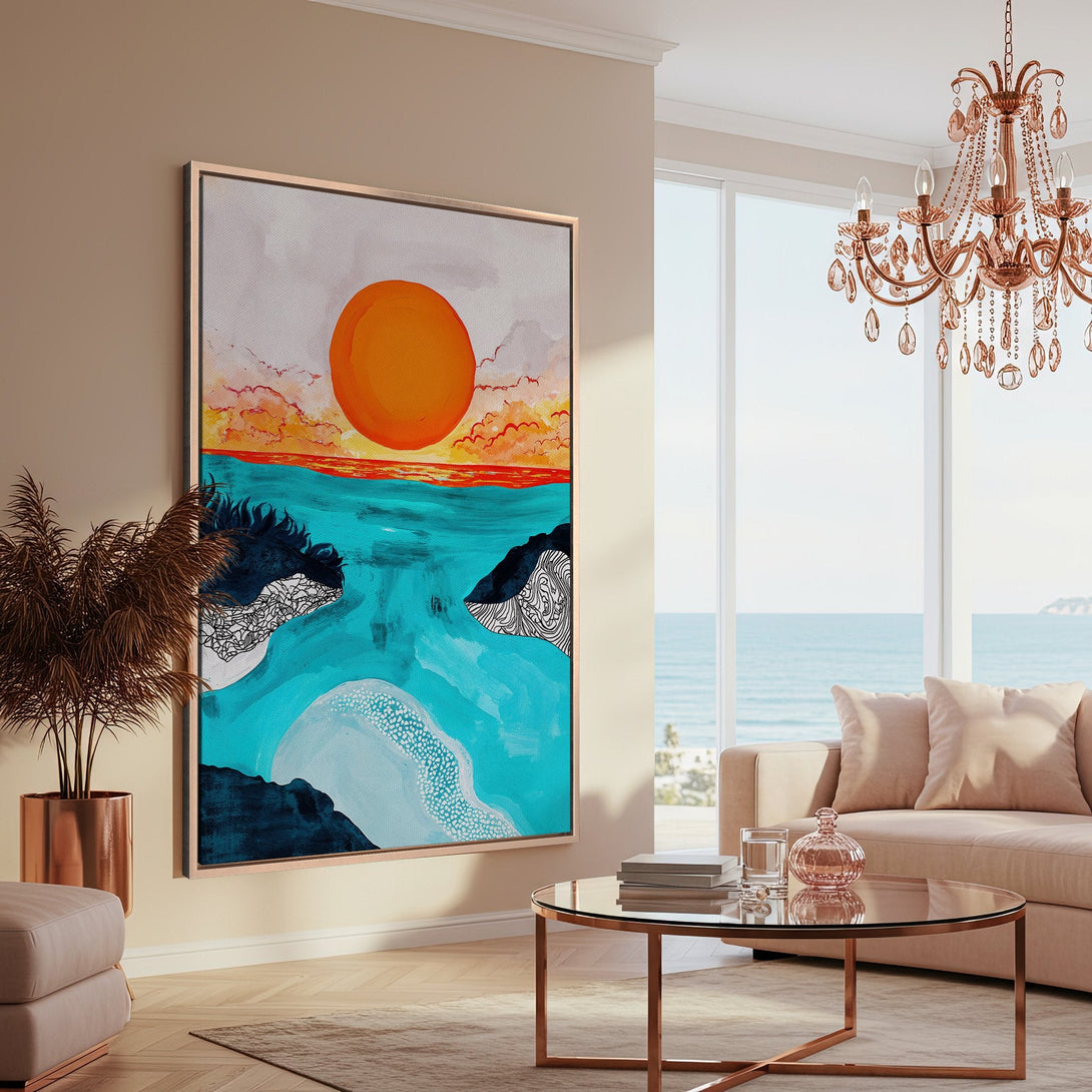 Framed Wall Art: Abstract sunset over ocean in turquoise, orange, and blue. Modern art for coastal decor, adds vibrant color to any room.