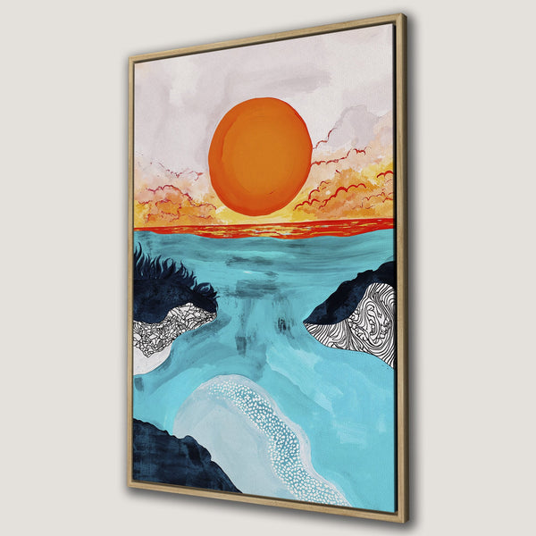 Framed Wall Art: Abstract sunset over ocean. Modern art style with orange, blue, and white color palette. Perfect for coastal decor.