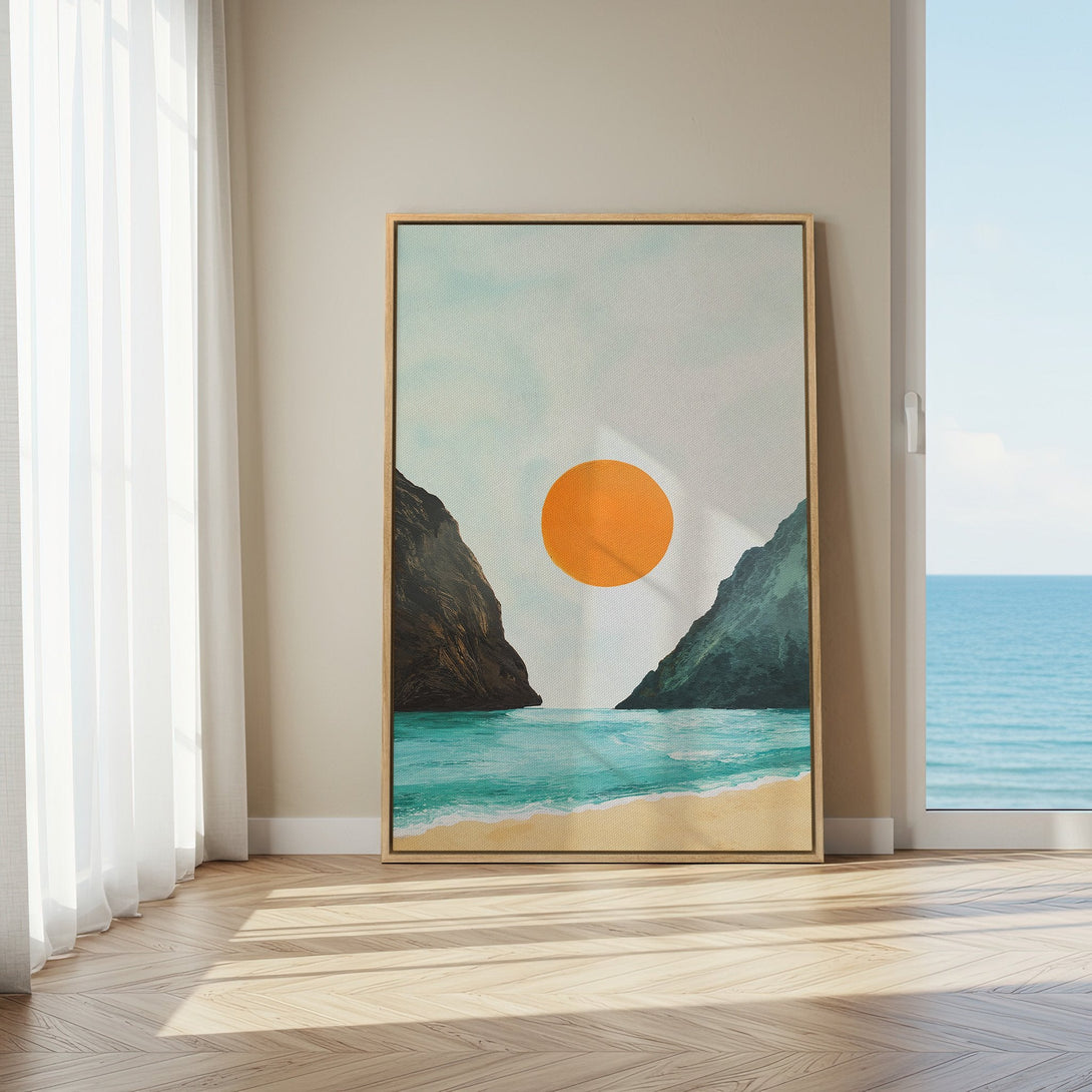 Framed Wall Art: Coastal sunset landscape in a modern style. Features teal, orange, and brown tones. Perfect for adding a touch of serenity to your space.