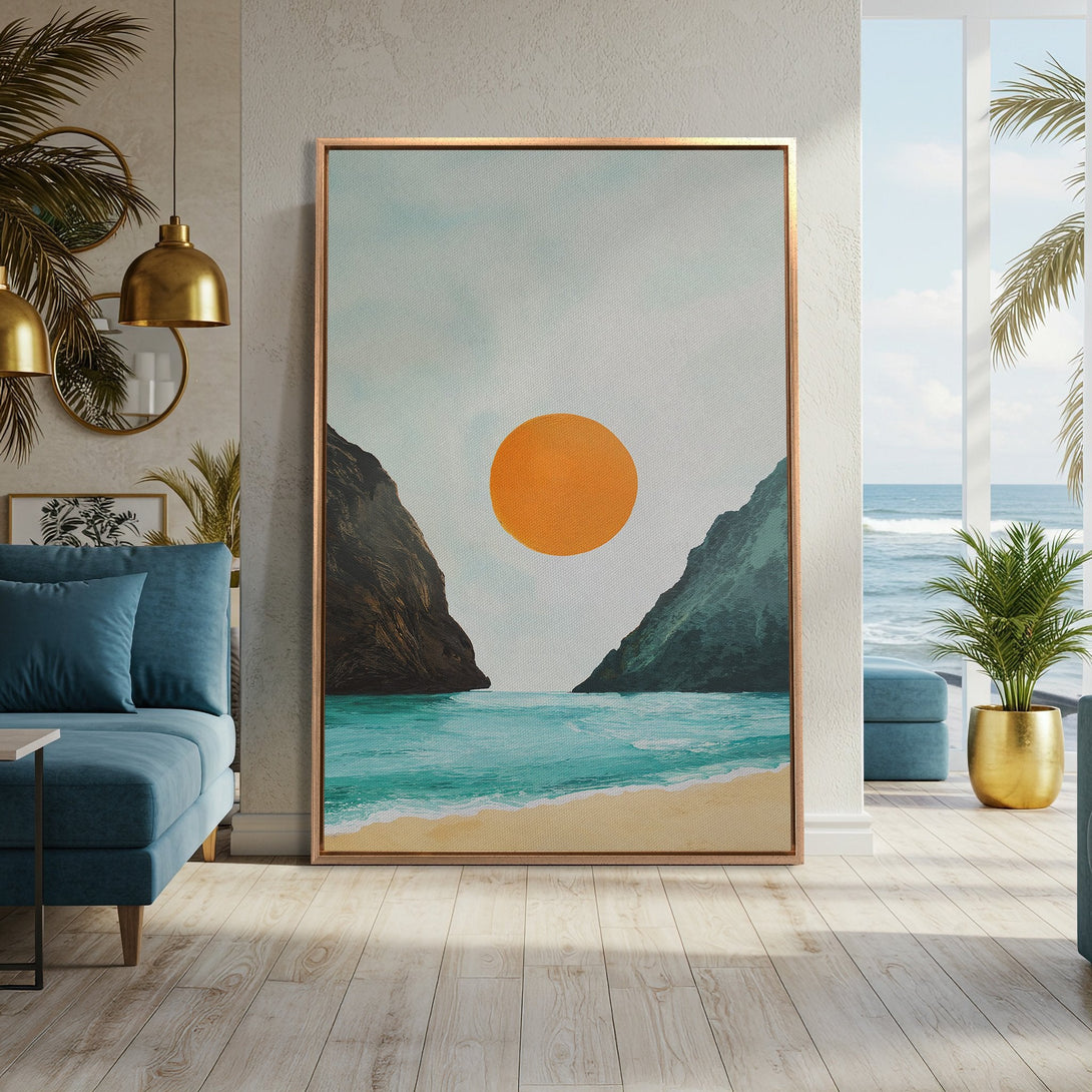 Framed Wall Art: Coastal landscape Canvas Print with a vibrant orange sun, turquoise sea, and neutral color palette, perfect for modern home decor.