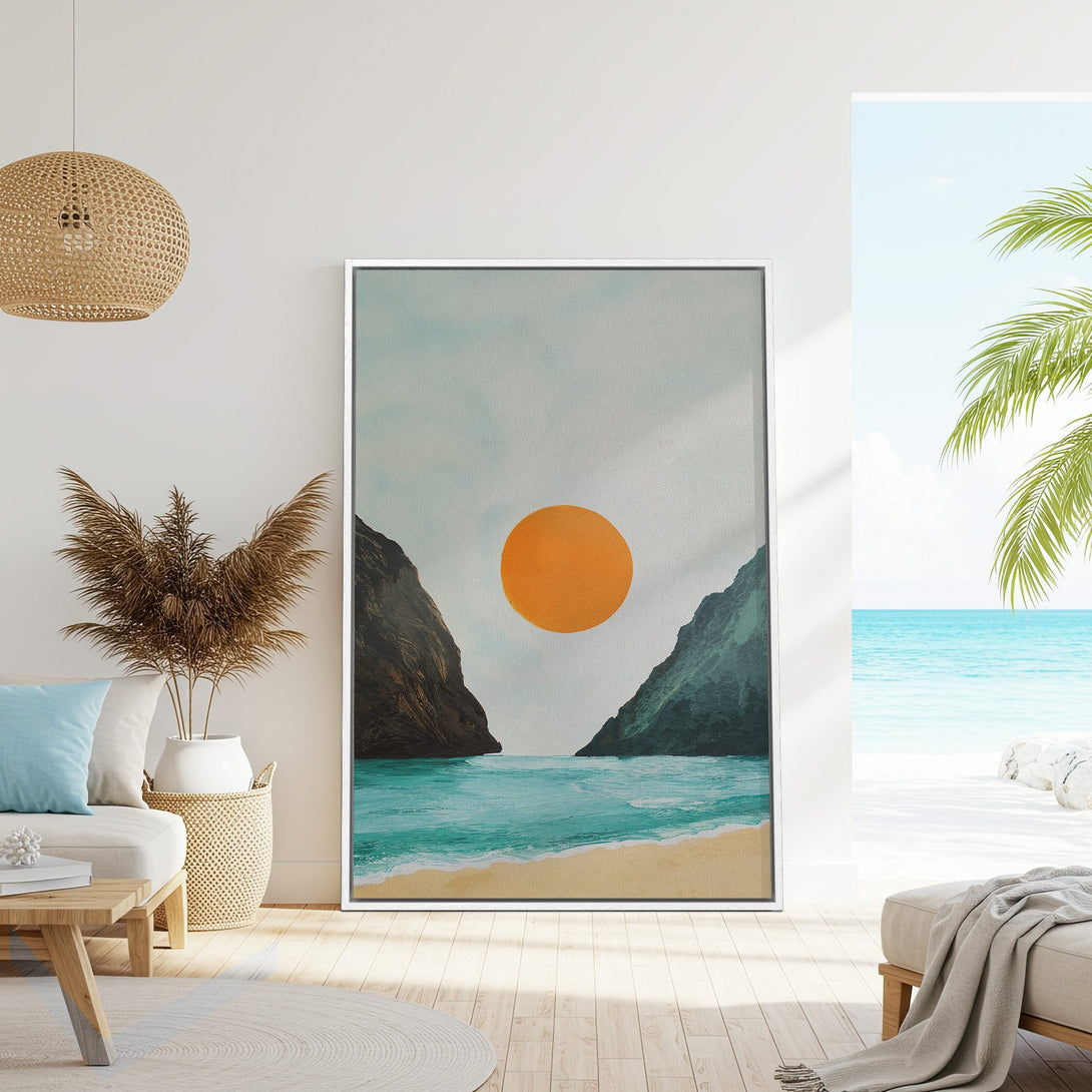 Framed Wall Art: Coastal landscape painting with orange sun, turquoise water, and green mountains. Modern art in a calming, beachy color palette.