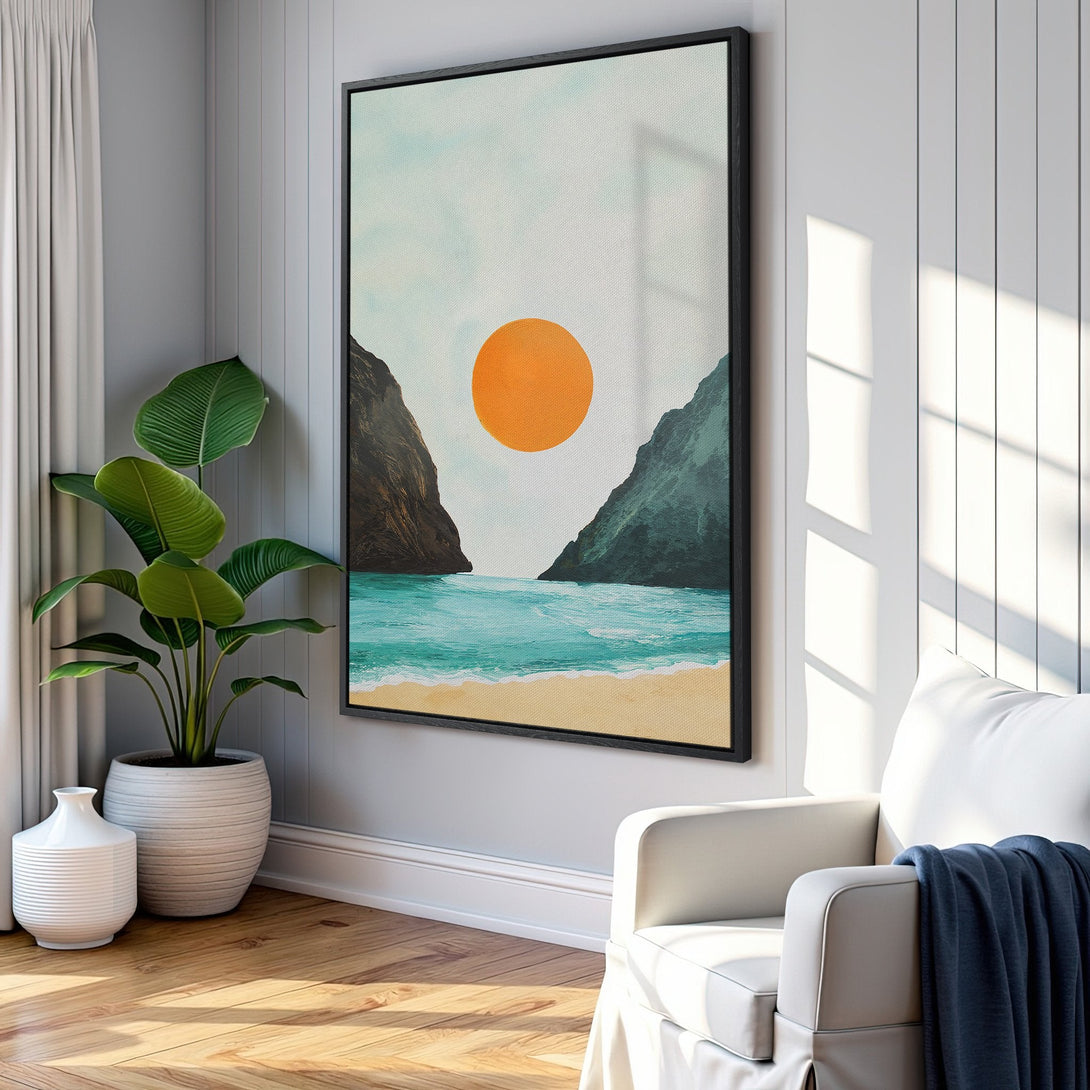 Framed Wall Art: Coastal sunset scene in a modern style. Featuring turquoise water, orange sun, and neutral tones. Perfect for adding a touch of serenity to your home.